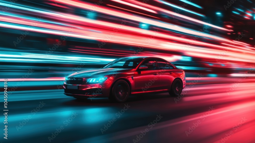 Fototapeta premium A modern car speeding through a neon-lit city street at night, with vibrant light streaks creating a futuristic, fast-paced scene.