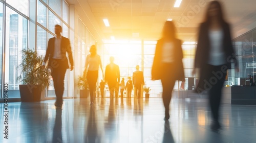 Silhouettes of business professionals walking through a modern office at sunset.