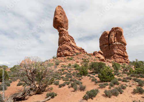 Balanced Rock with a sandstone butte, Arches National Park, Utah, USA