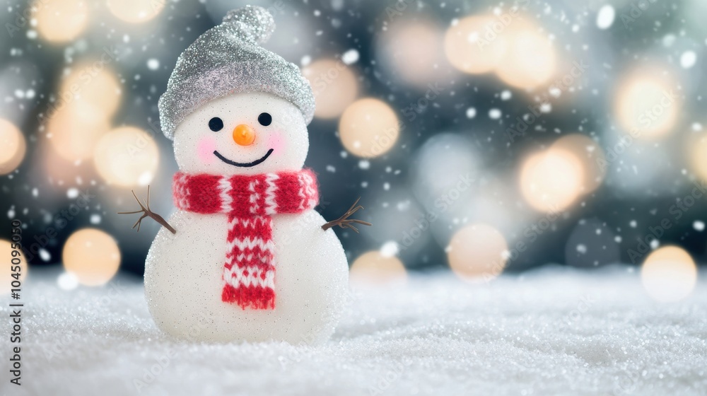 A joyful snowman with a bright scarf and hat welcomes the winter season as snow gently falls around it, creating a festive atmosphere A joyful snowman with a bright scarf and hat welcomes the winter season as snow gently falls around it, creating a festive atmosphere