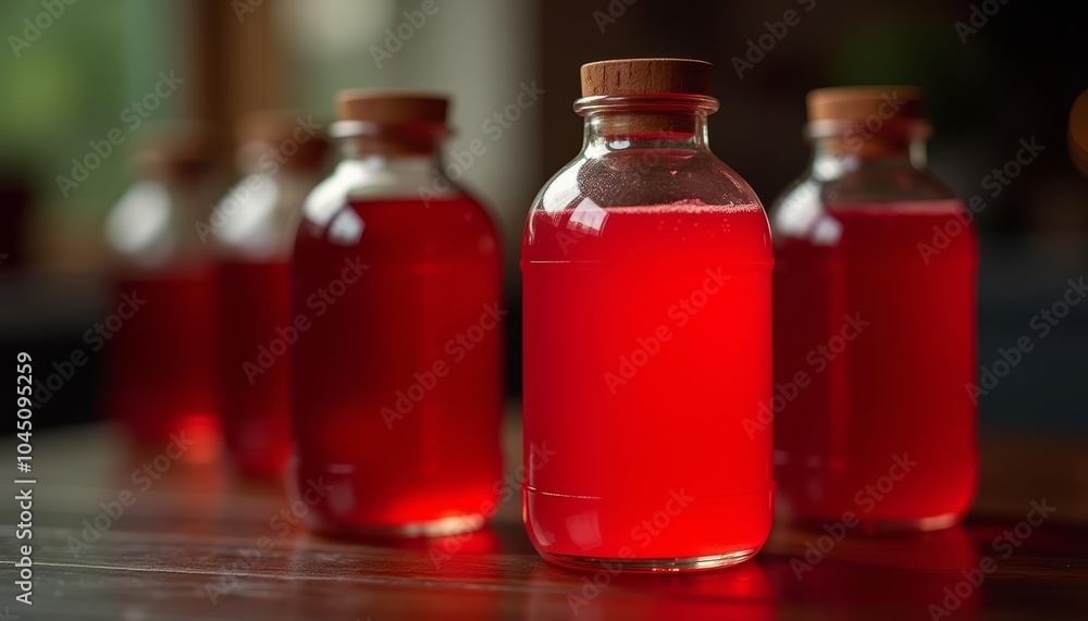 A collection of vibrant red bottles on a table A collection of vibrant red bottles on a table