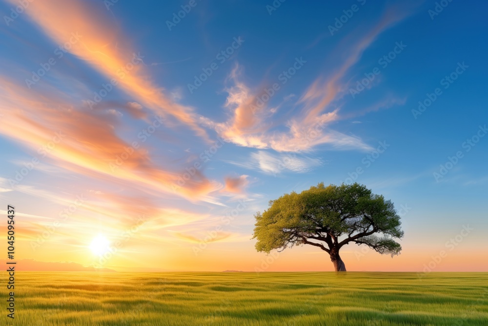 Fototapeta premium Tranquil sunset landscape with lone tree and vibrant sky for nature inspiration