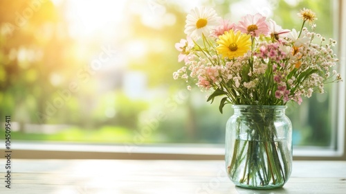 Wallpaper Mural A colorful arrangement of wildflowers sits in a glass vase, illuminated by warm sunlight streaming through a nearby window Torontodigital.ca