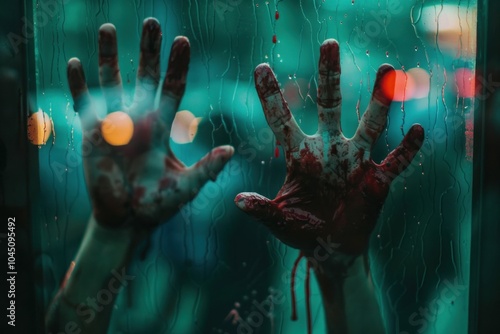 Suspenseful scene with bloody handprints on glass at night