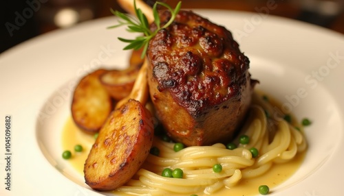  Deliciously grilled meat and potatoes served with a side of pasta and peas photo