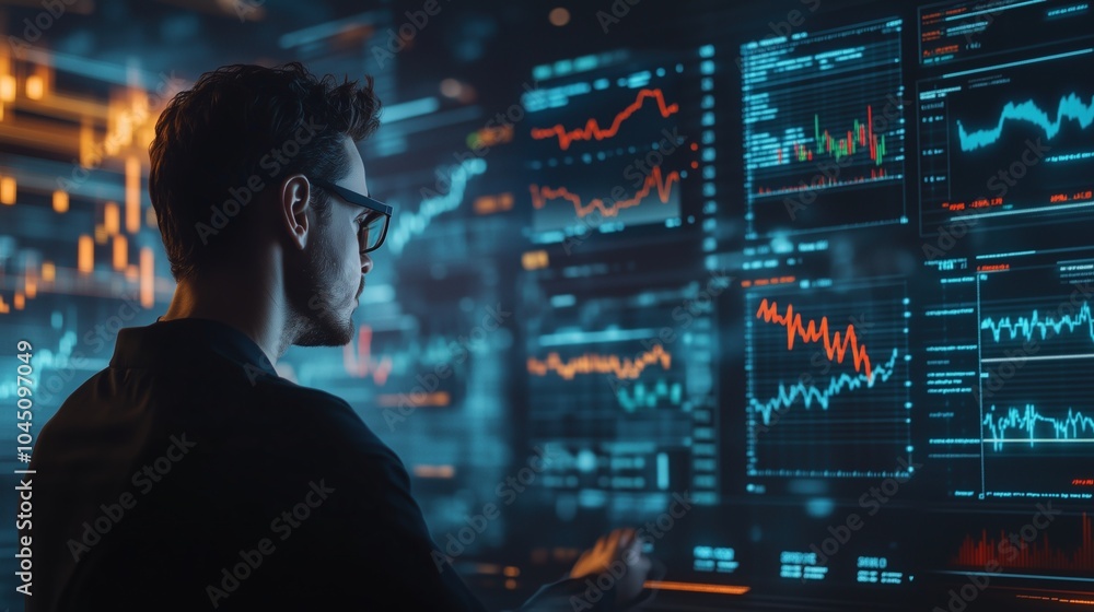 Businessman Analyzing 3D Stock Data Businessman Analyzing 3D Stock Data