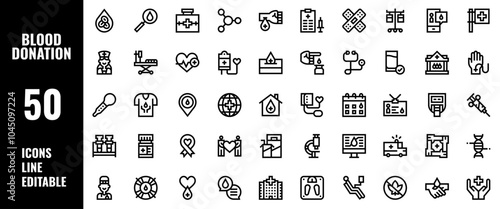 50 Blood Donation Icons Set Pack Line Editable Vector Illustration