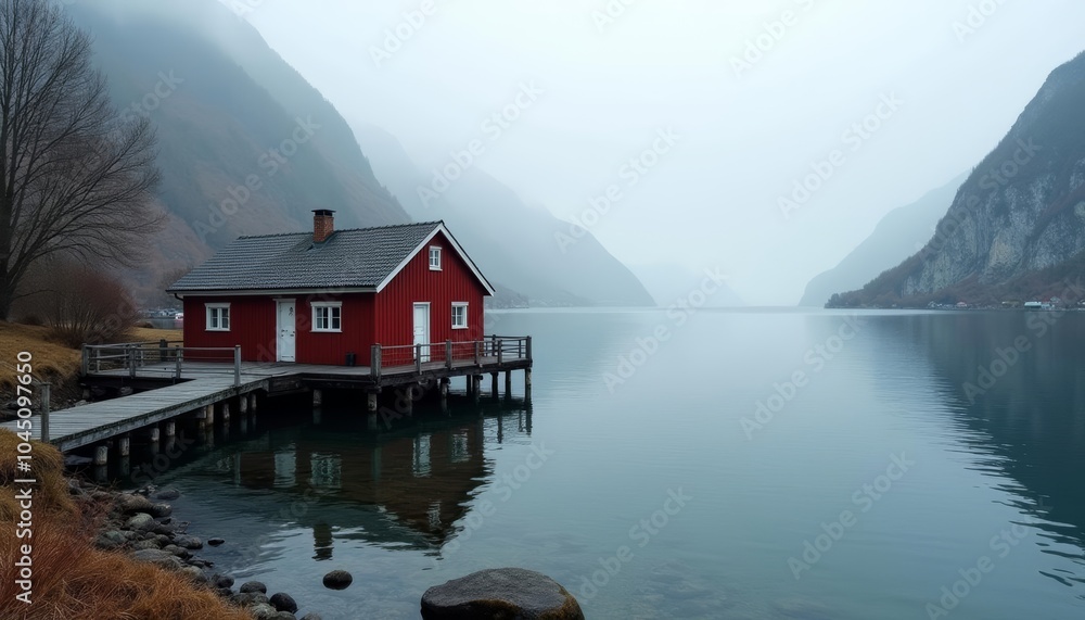 Fototapeta premium Tranquil lakeside cabin in the mountains