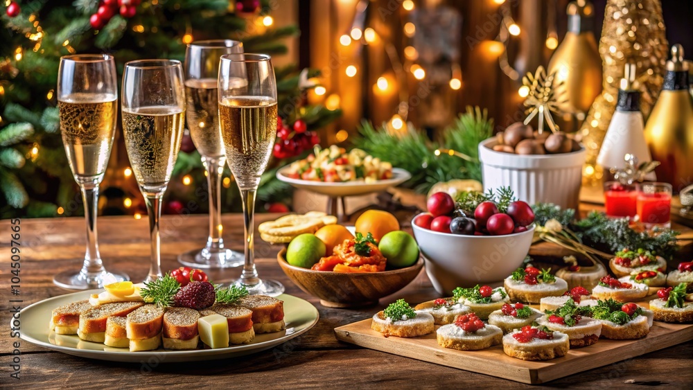 Elegant New Year\'s Eve party spread featuring appetizers, champagne, and festive decorations at a cozy gathering Elegant New Year\'s Eve party spread featuring appetizers, champagne, and festive decorations at a cozy gathering