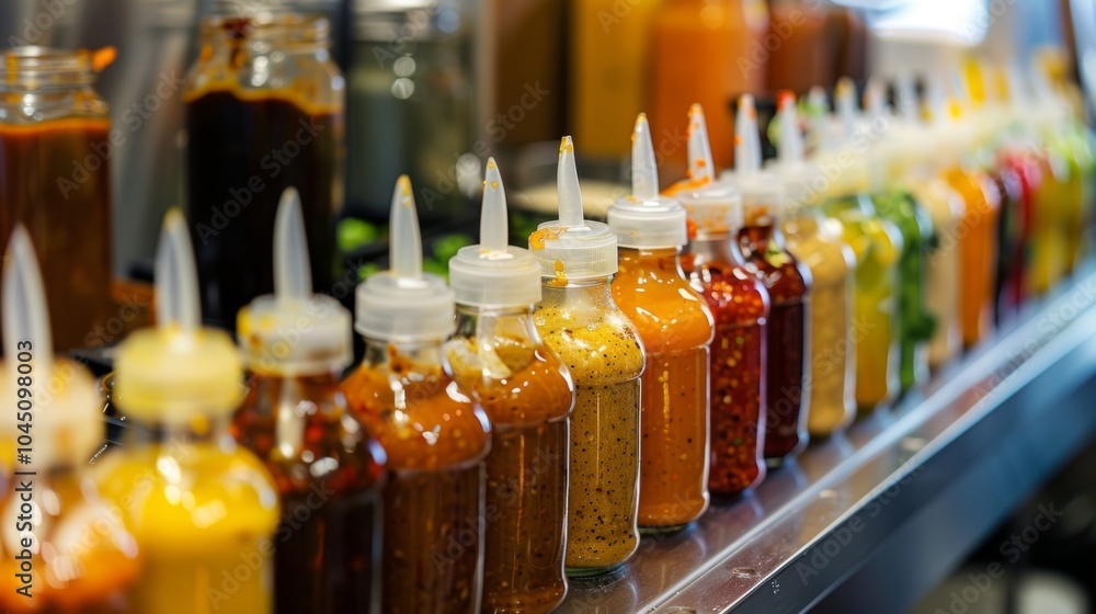 A variety of condiments including sauces es and dressings lined up on a shelf next to the food stands. A variety of condiments including sauces es and dressings lined up on a shelf next to the food stands.
