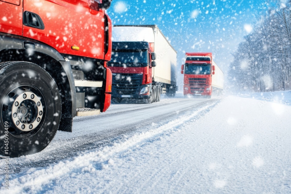 A convoy of trucks battling a snowstorm on a frozen highway, snow swirling around their tires as they press forward. Wide angle, high contrast, harsh and relentless winter road. A convoy of trucks battling a snowstorm on a frozen highway, snow swirling around their tires as they press forward. Wide angle, high contrast, harsh and relentless winter road.