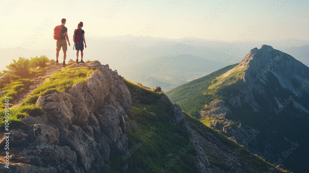 Fototapeta premium Couple Hiking on Mountain Trail