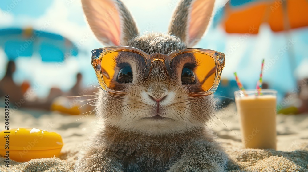 charming rabbit in oversized sunglasses lounging under a colorful beach umbrella, surrounded by beach toys and a smoothie, radiating fun and whimsy