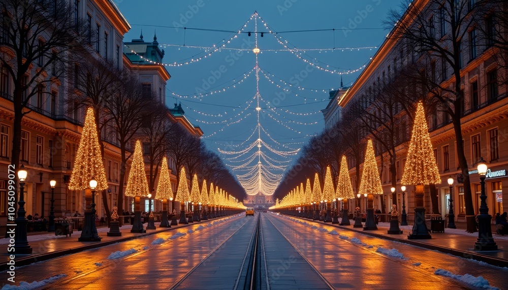 Naklejka premium Illuminated Christmas trees line a festive city street