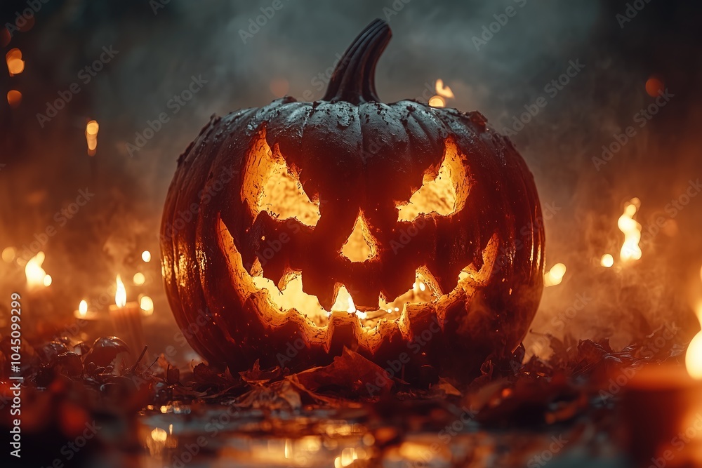 Creepy grinning jack o lantern pumpkin with burning candle inside. Flaming face scatters fire and sparks against gloomy background. Halloween template with copy space for banner, poster, greeting card Creepy grinning jack o lantern pumpkin with burning candle inside. Flaming face scatters fire and sparks against gloomy background. Halloween template with copy space for banner, poster, greeting card