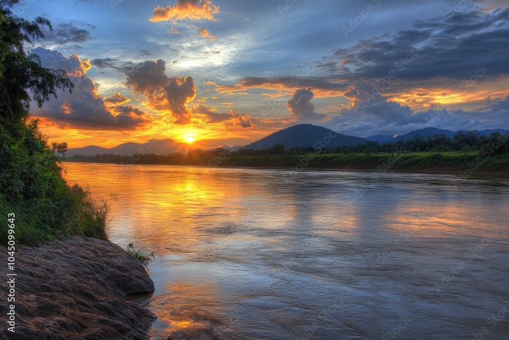 Obraz premium Mekong River Sunset View at Nong Khai, Laos. Beautiful Nature Landscape Background