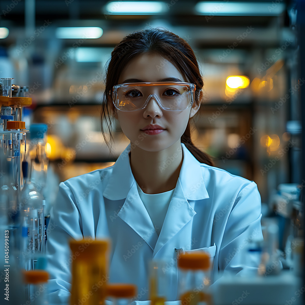 A focused female lab technician in chemical industry setting, wearing protective eyewear and lab coat, surrounded by various laboratory equipment. Her expression conveys determination and professional A focused female lab technician in chemical industry setting, wearing protective eyewear and lab coat, surrounded by various laboratory equipment. Her expression conveys determination and professional