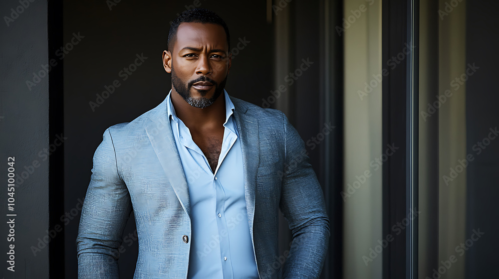 A confident African American man stands elegantly in tailored light blue suit, exuding charisma and style. His strong presence and well groomed appearance create an impactful impression A confident African American man stands elegantly in tailored light blue suit, exuding charisma and style. His strong presence and well groomed appearance create an impactful impression