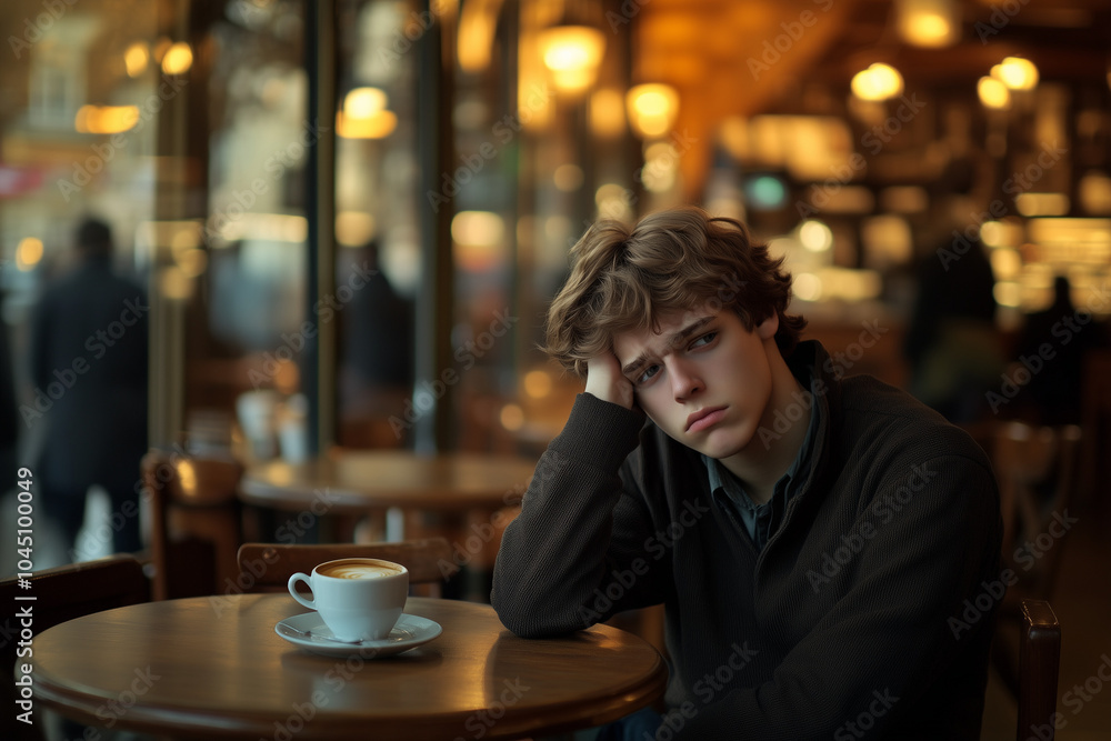 Lonely young man in a cafe sitting at a table with his head resting on his hand Lonely young man in a cafe sitting at a table with his head resting on his hand