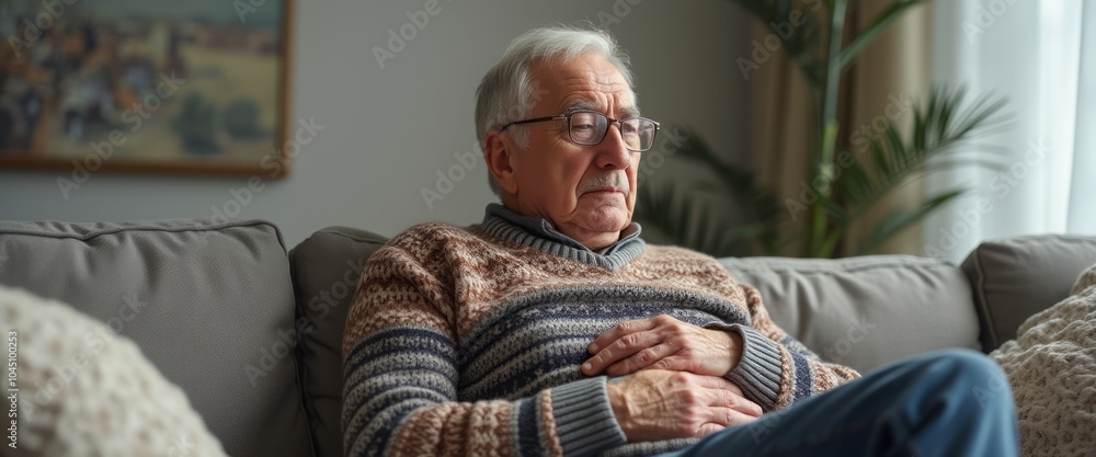 Fototapeta premium An elderly man sitting comfortably on a couch in a cozy living room, enjoying a quiet moment of relaxation.