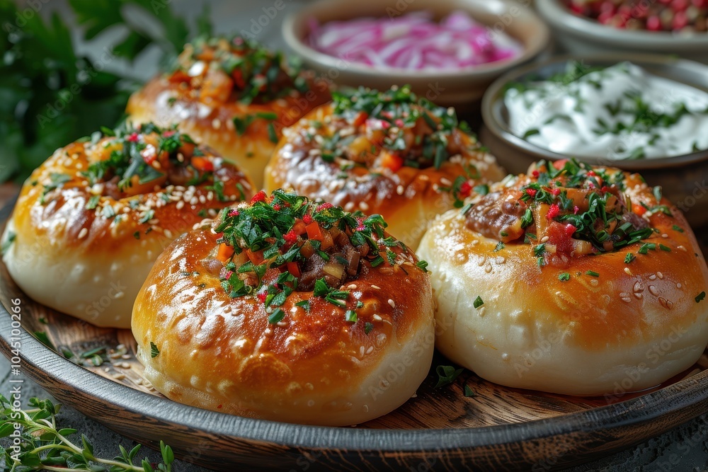 A dish of Russian pirozhki, small buns filled with meat or cabbage, arranged on a platter with a side of sour cream A dish of Russian pirozhki, small buns filled with meat or cabbage, arranged on a platter with a side of sour cream