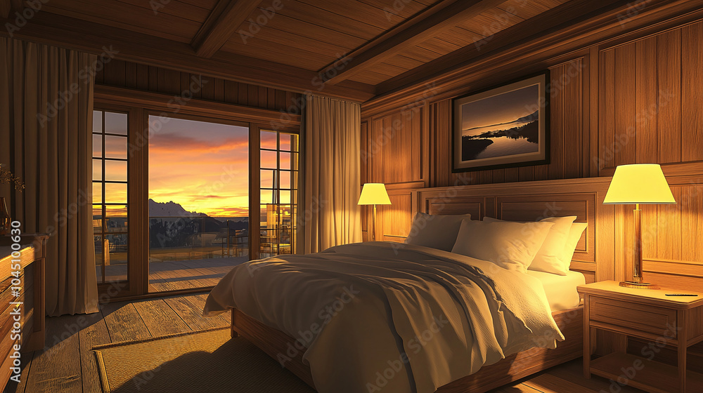 Cozy hotel room with soft pillows and warm lighting in the evening ambiance Cozy hotel room with soft pillows and warm lighting in the evening ambiance