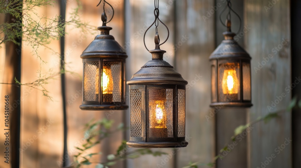 Hanging lanterns with aged metal finishes on a screened background, casting soft, romantic light. Hanging lanterns with aged metal finishes on a screened background, casting soft, romantic light.