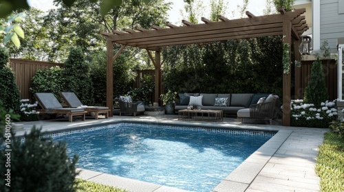 Elegant pool area with a wooden pergola and lounge seating  offering a peaceful outdoor escape.