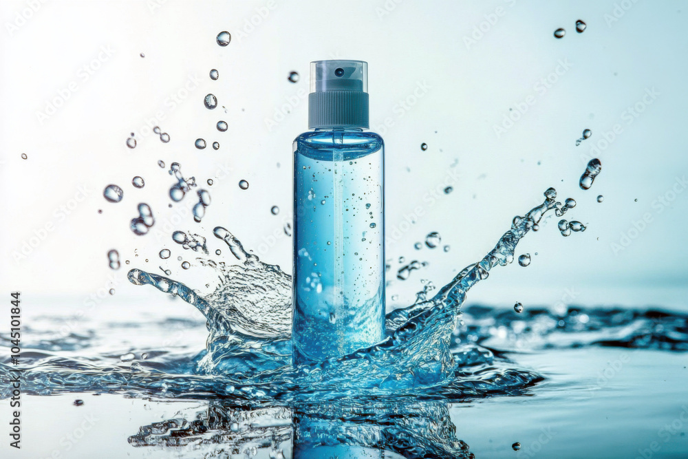 Fresh splash of water surrounding a cleanser bottle against a serene background Fresh splash of water surrounding a cleanser bottle against a serene background