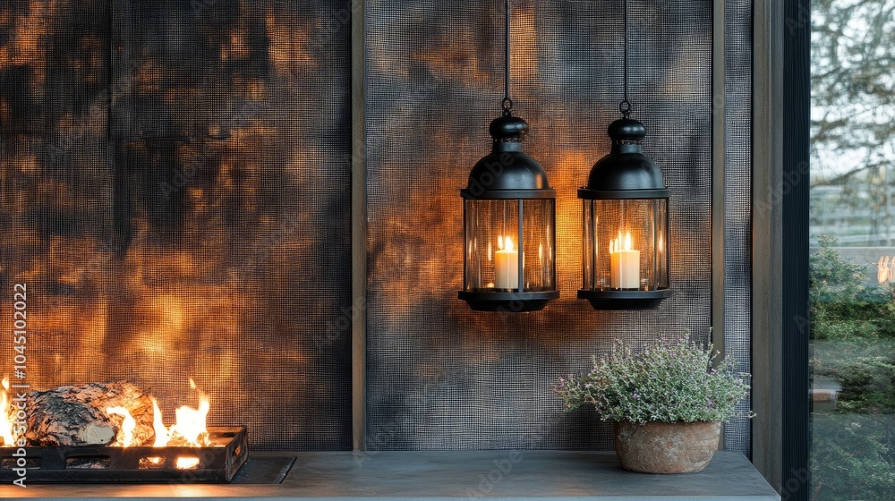 Metal lanterns suspended on a screen wall, casting an inviting glow perfect for cozy evenings Metal lanterns suspended on a screen wall, casting an inviting glow perfect for cozy evenings