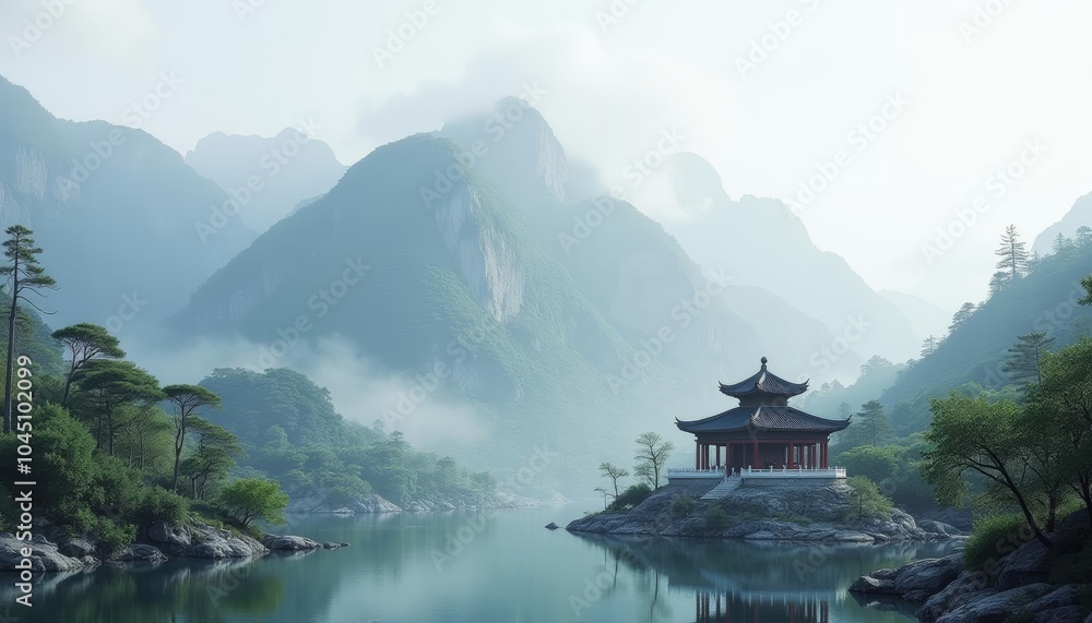 Fototapeta premium Tranquil Chinese Pavilion in Misty Mountain Setting