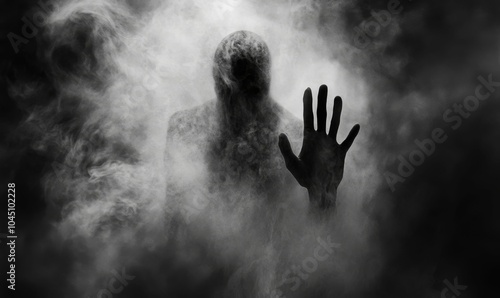 Silhouette of a figure in smoke, raising a hand.