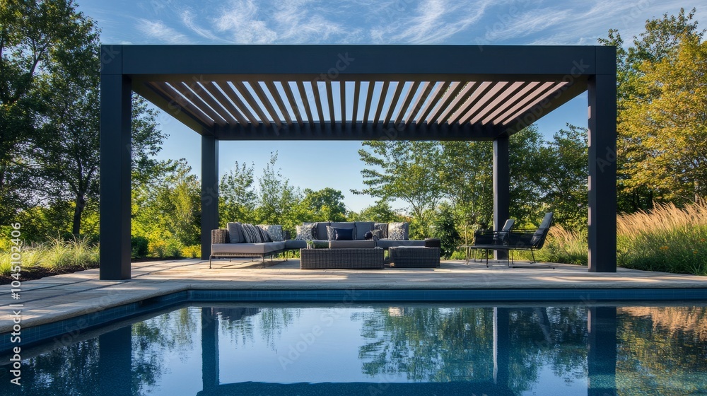 Fototapeta premium Modern pergola casting soft shadows over an outdoor seating area, with a pool reflecting the sky.