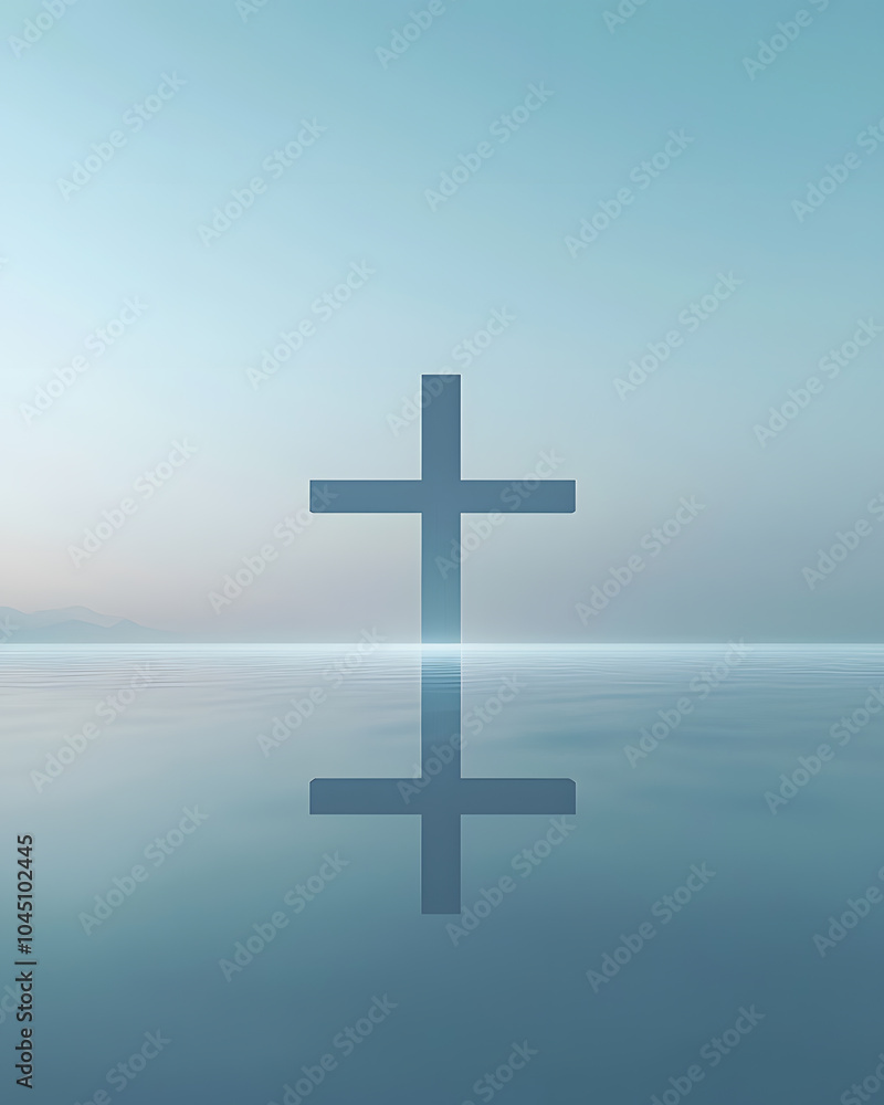 A serene cross reflecting over calm waters at dusk, capturing a moment of peace and spirituality A serene cross reflecting over calm waters at dusk, capturing a moment of peace and spirituality