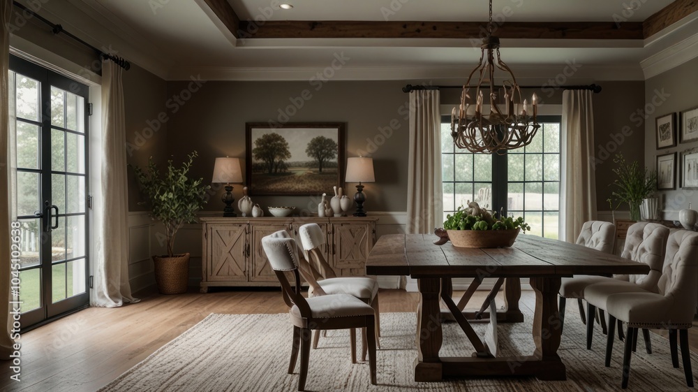 Fototapeta premium A rustic dining room with a large wooden table and chairs, a chandelier, and a large window.