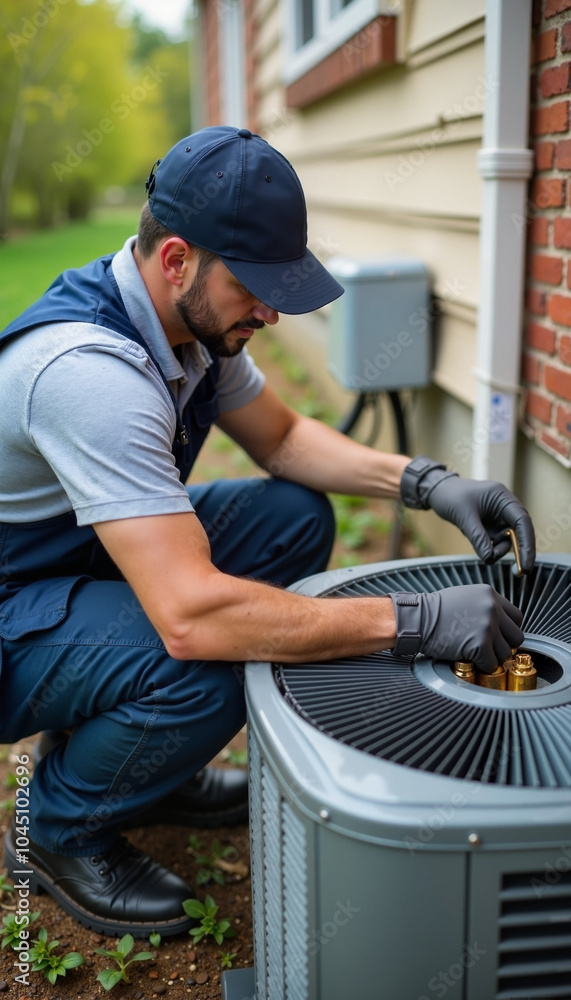 HVAC technician repairing air conditioning unit outdoors HVAC technician repairing air conditioning unit outdoors