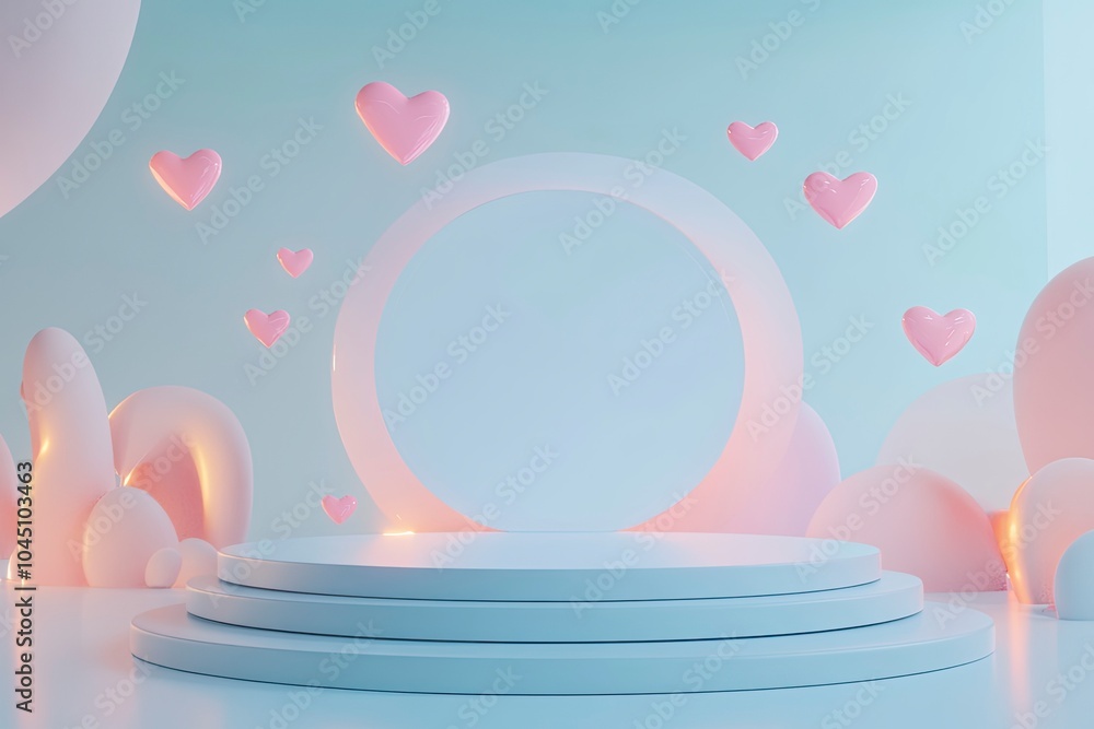 Abstract mock up scene. Round podium shape for display product, present and advertising with hearts. 3D rendering with generative ai Abstract mock up scene. Round podium shape for display product, present and advertising with hearts. 3D rendering with generative ai