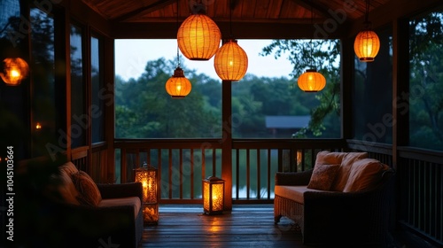 Screened porch illuminated by hanging vintage lanterns  perfect for an intimate evening setting