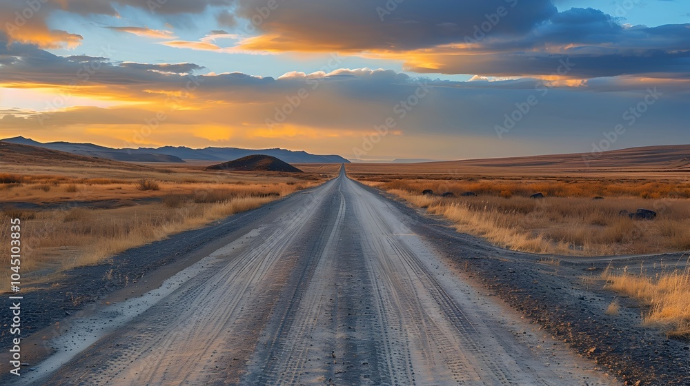 Endless Dirt Road Through Dramatic Desert Landscape With Picturesque Sky at Sunset Endless Dirt Road Through Dramatic Desert Landscape With Picturesque Sky at Sunset