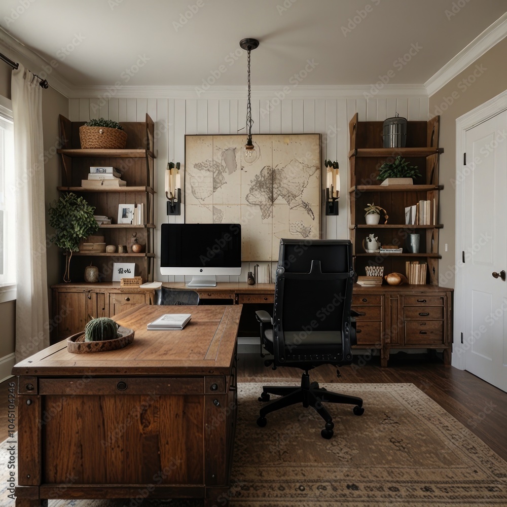 A home office with a large wooden desk, a black leather office chair, a rug, two bookshelves, a world map, and a computer. A home office with a large wooden desk, a black leather office chair, a rug, two bookshelves, a world map, and a computer.