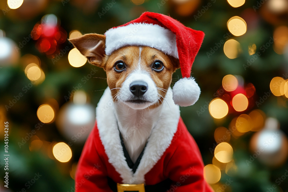 Generative AI image of a funny dog santa helper wear red headwear xmas carnival party Generative AI image of a funny dog santa helper wear red headwear xmas carnival party