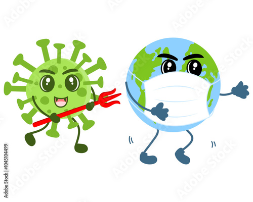 Virus with happy face chasing the sad and sick earth. Planet is wearing a face mask and running away.