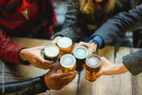 Foto Young group of people having fun cheering with beer outdoor at pub restaurant -