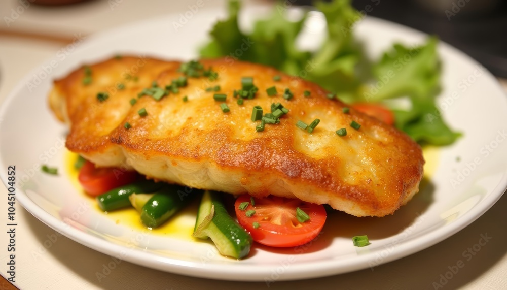 Deliciously seasoned fish fillet with a side of fresh vegetables Deliciously seasoned fish fillet with a side of fresh vegetables