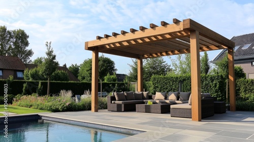 Wooden pergola over an elegant seating area by the pool, blending natural wood tones with modern design.