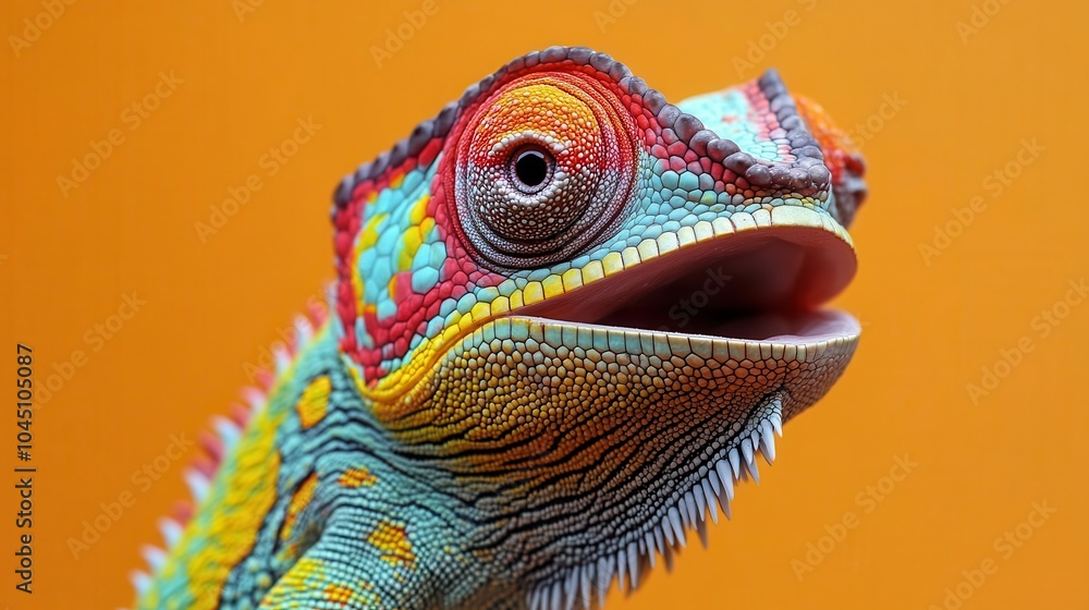 colorful chameleon energetically shouting into a vibrant megaphone, set against a striking orange backdrop. the playful interaction highlights the fun side of wildlife and creativity colorful chameleon energetically shouting into a vibrant megaphone, set against a striking orange backdrop. the playful interaction highlights the fun side of wildlife and creativity
