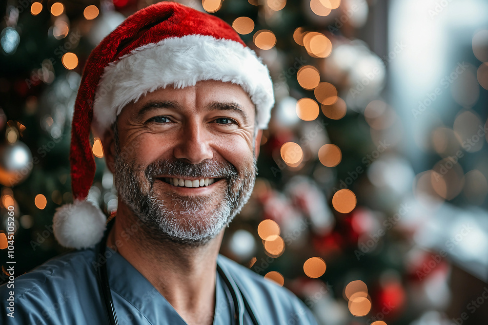 Generated with AI picture of smiling middle aged caucasian doctor wearing a santa hat Generated with AI picture of smiling middle aged caucasian doctor wearing a santa hat