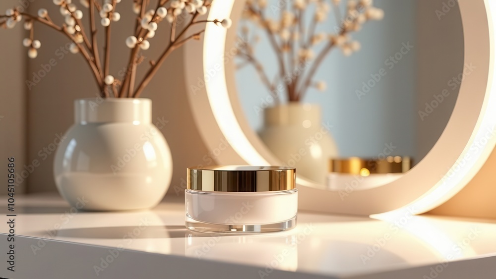 Minimalist beauty product scene with a luxurious cream jar, gold accents, and soft natural lighting. Ideal for skincare, cosmetics, and beauty-themed visuals Minimalist beauty product scene with a luxurious cream jar, gold accents, and soft natural lighting. Ideal for skincare, cosmetics, and beauty-themed visuals