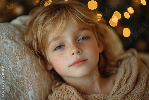 Generative AI cute picture of small child awaiting xmas new year gifts miracle atmosphere