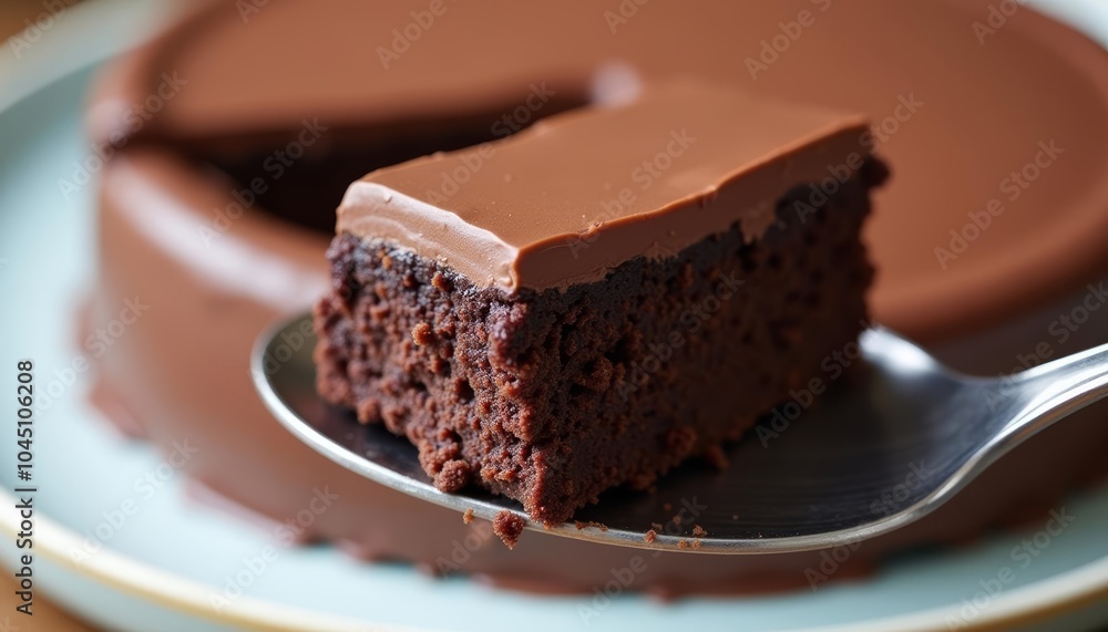 Delicious indulgence A slice of chocolate cake with a rich creamy topping Delicious indulgence A slice of chocolate cake with a rich creamy topping